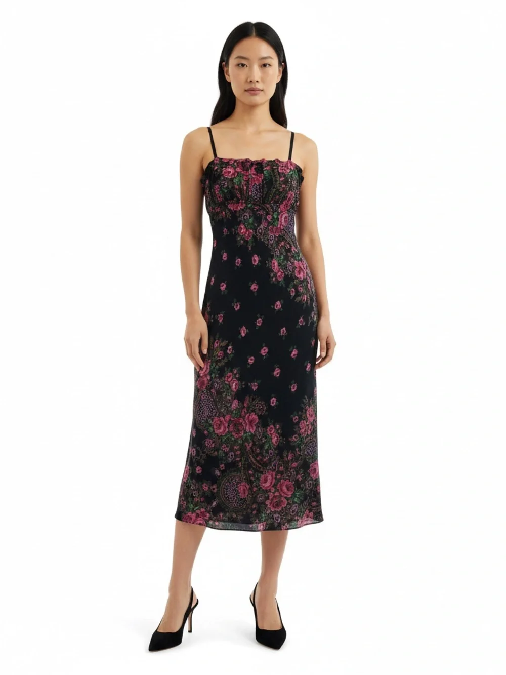 Vintage Betsy Johnson Small Floral Black Maxi Dress with Pink Rose Print - Picture 4 of 4